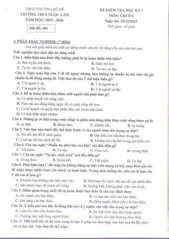 Đề thi Học kì 1 GDCD 6 năm 2025-2026 trường THCS Ngọc Lâm (Hà Nội)
